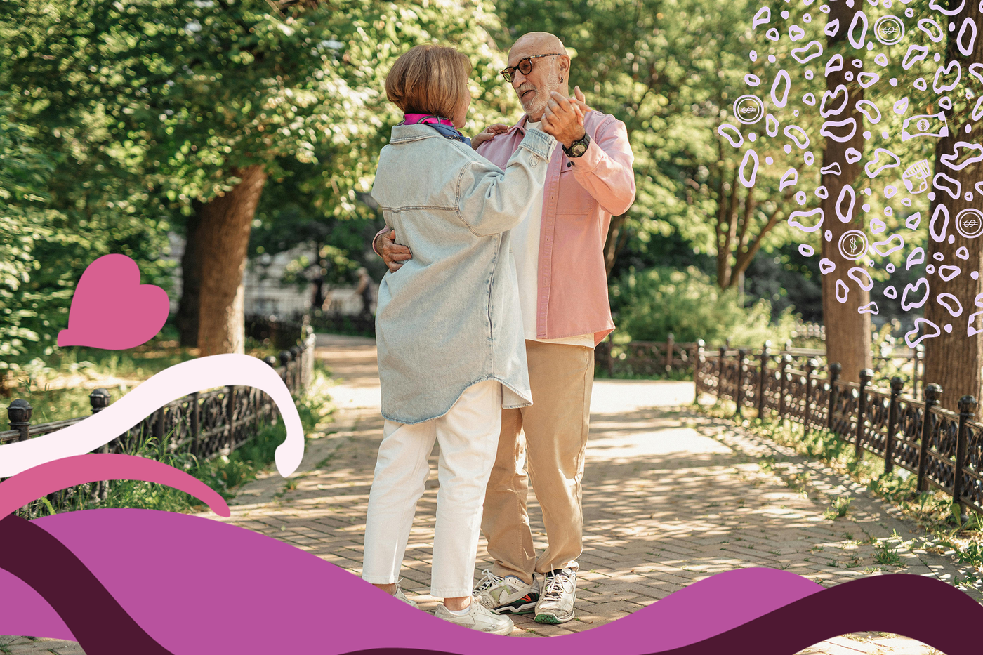 An older couple dancing together in a sunlit park, smiling and holding hands. Stylized graphics overlay the scene, including flowing pink waves, a heart, and whimsical icons representing scholarship funding and Laundry Fund™ branding.