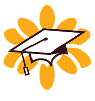 Illustration of a white graduation cap with a tassel, centered over a yellow flower shape, set against a pink-to-purple gradient background—symbolizing education and scholarship support.