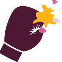 Illustration of a dark maroon boxing glove punching a yellow splatter with pink and white droplets, set against a pink-to-purple gradient background—symbolizing stain-fighting power.